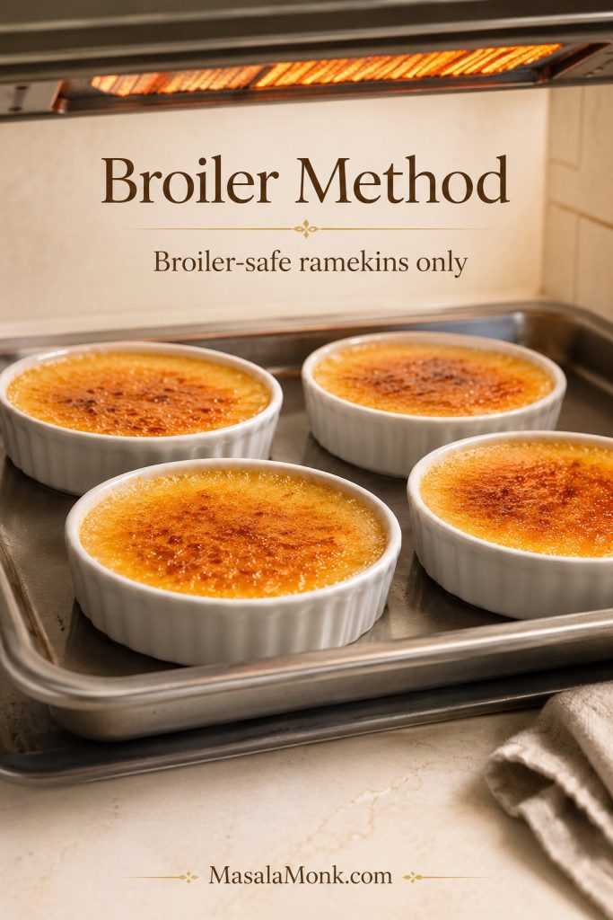 Broiler-safe crème brûlée ramekins on a tray with the sugar tops beginning to caramelize under broiler heat.