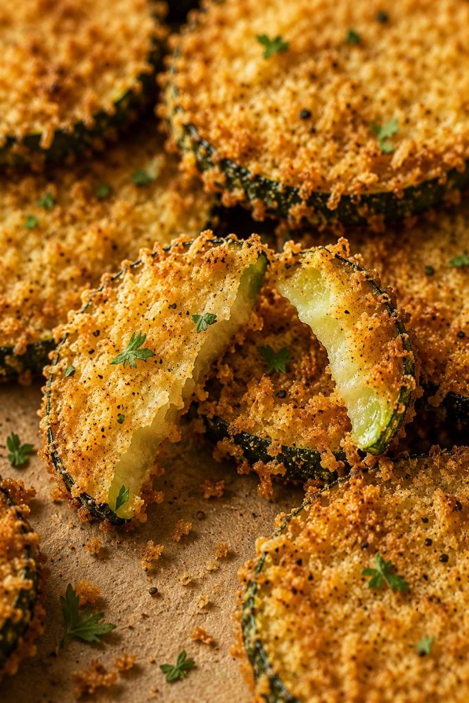 Broken panko-coated zucchini chip showing a crunchy golden coating and tender zucchini center.