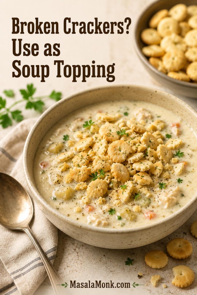 Broken ranch oyster crackers sprinkled over creamy soup with whole crackers and a spoon nearby.
