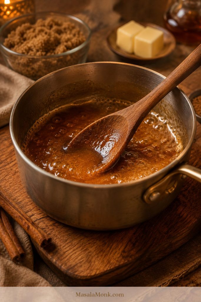 Brown sugar butter sauce simmering in a saucepan while a wooden spoon moves through the mixture.