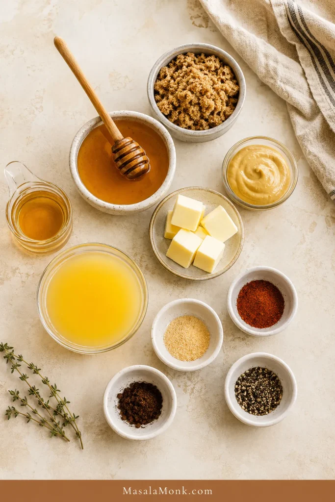 Honey, brown sugar, Dijon mustard, butter, vinegar, juice, and spices arranged for ham glaze.