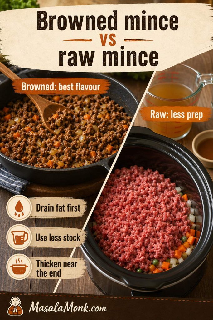 Comparison image showing browned beef mince in a pan beside raw thawed mince and vegetables in a slow cooker.