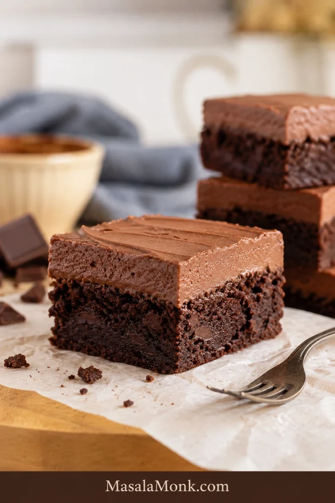 Fudgy brownie square topped with a smooth layer of chocolate cream cheese frosting.