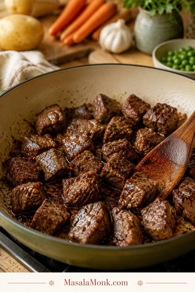 Beef cubes browning in a skillet with seared edges and space between the pieces.