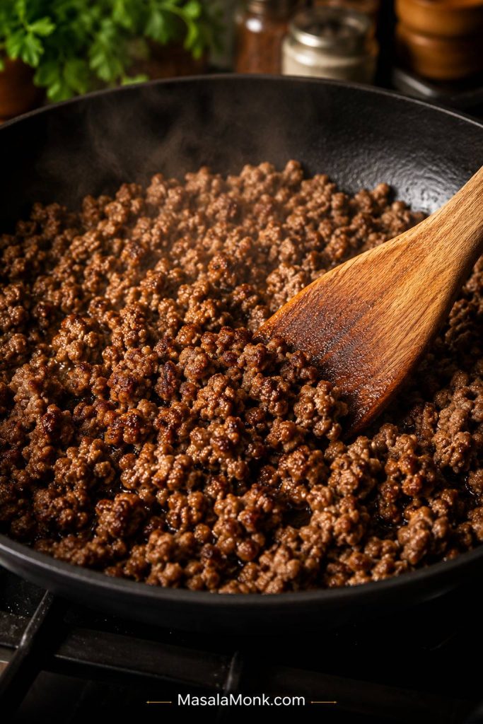 Browned ground beef crumbles cooking in a dark skillet with a wooden spatula and steam rising.