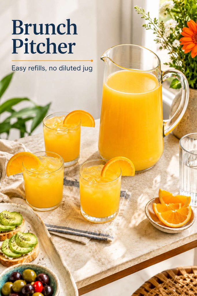 Brunch table with a Screwdriver pitcher, ice-filled glasses, orange slices, snacks, and a water glass.