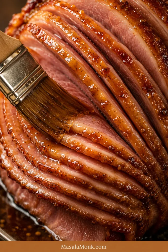 Close-up of glaze being brushed gently between the spiral slices of a ham.