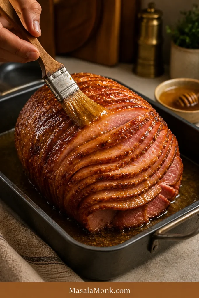 Pastry brush spreading honey mustard glaze over the outside of a spiral ham in a roasting pan.