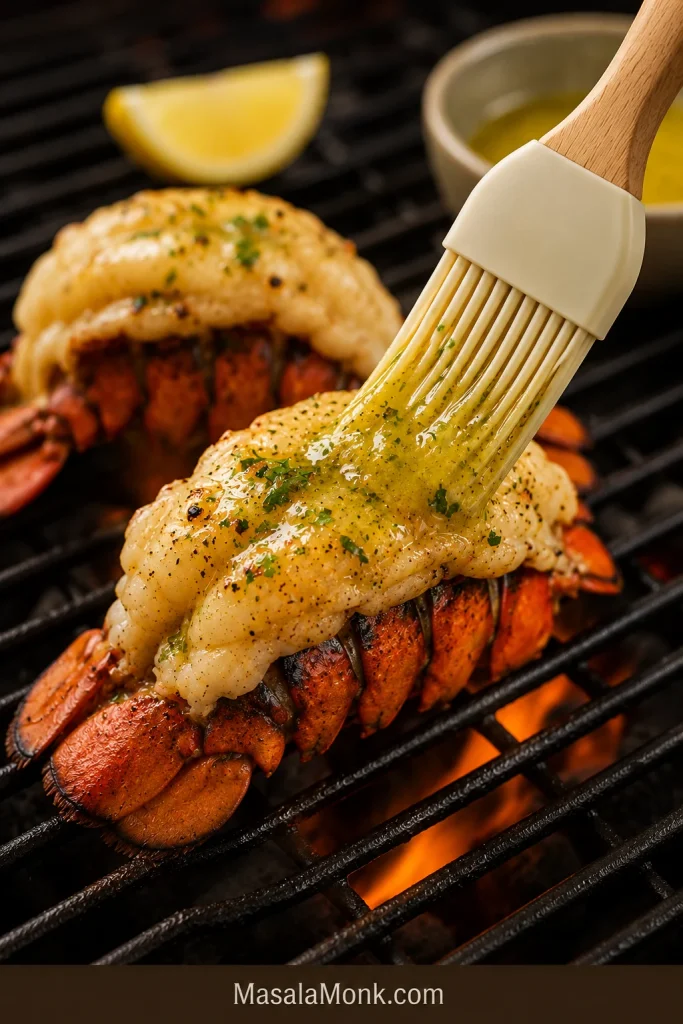 Lemon garlic butter being brushed over lobster tails on the grill.