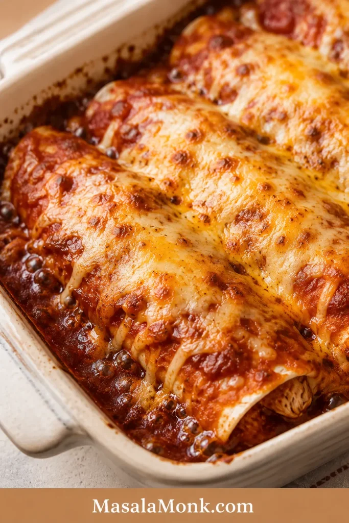 Close-up of baked chicken enchiladas in a cream dish with bubbling red sauce and melted golden cheese on top.