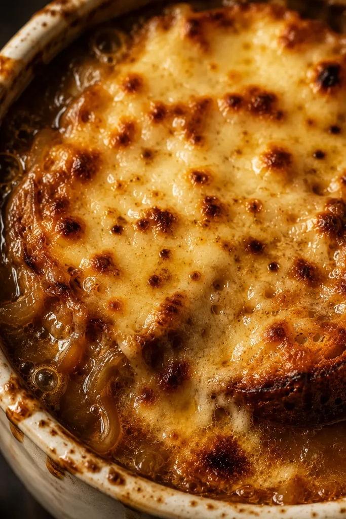 Close-up of bubbling browned cheese on top of French onion soup after broiling.