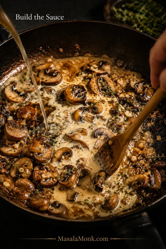 Cream and liquid being poured into a skillet of browned mushrooms while a spoon stirs the sauce.