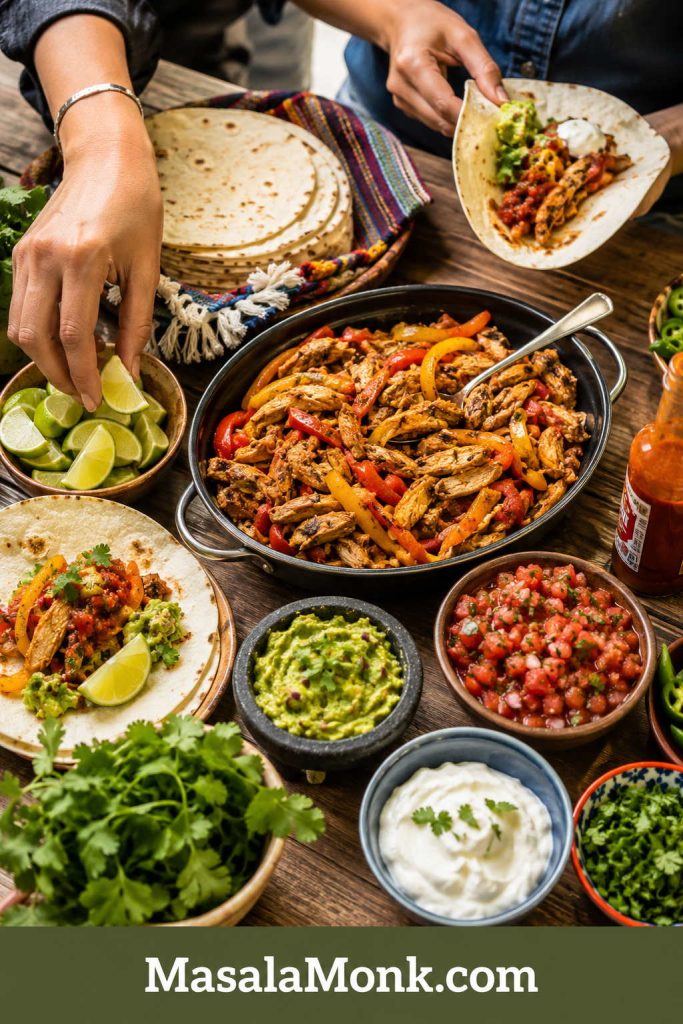 Build-your-own fajita table with slow cooker chicken and peppers, tortillas, lime wedges, guacamole, salsa, sour cream, cilantro, jalapeños, hot sauce, and hands assembling fajitas.