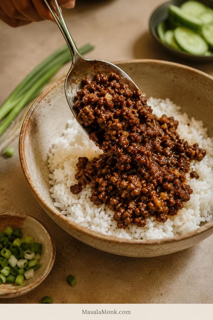 Spoon adding saucy ground beef over white rice in a ceramic bowl, with cucumber slices and chopped scallions nearby.