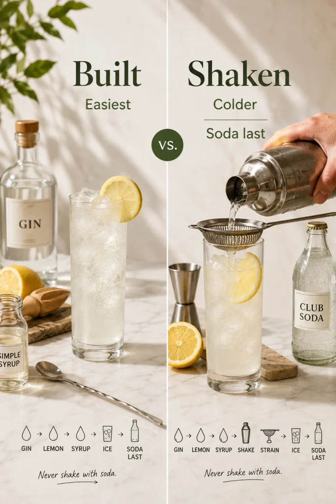 Built versus shaken Tom Collins comparison with a glass-built drink, cocktail shaker, strainer, gin, simple syrup, club soda, lemons, and step icons.