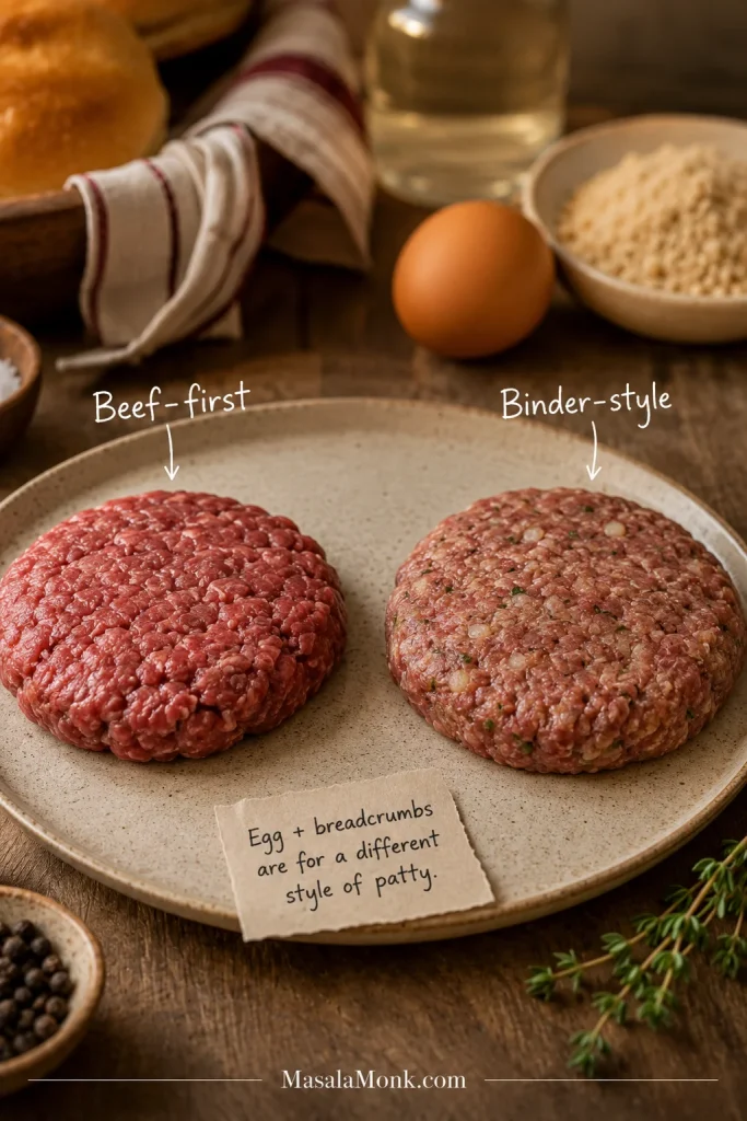 Two raw burger patty preparations labeled beef-first and binder-style, with egg and breadcrumbs near the binder-style patty.