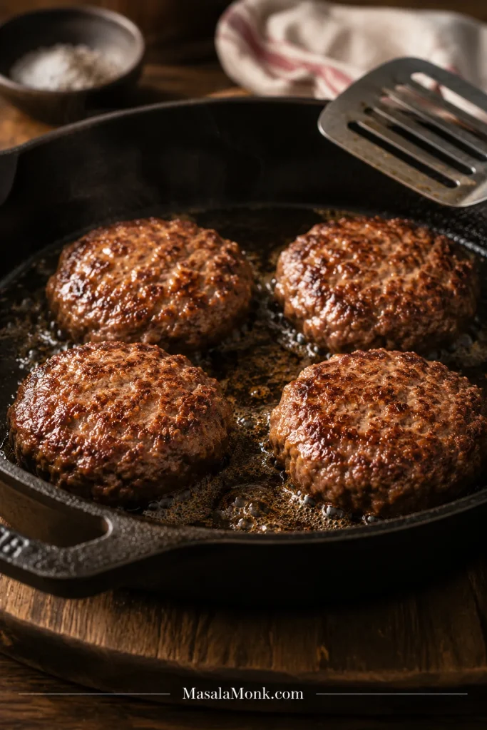 Four burger patties sizzling in a cast iron skillet with browned edges and bubbling fat.