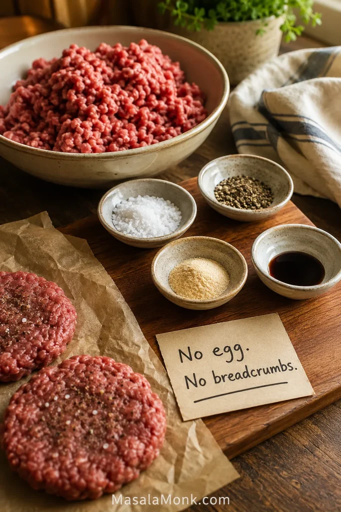 Raw ground beef with salt, pepper, garlic powder, onion powder, a small dark sauce dish, and a note that says no egg and no breadcrumbs.