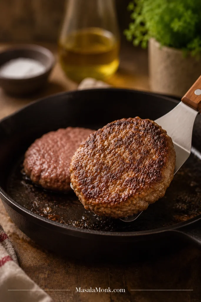 Metal spatula lifting a browned burger patty from a cast iron skillet while another patty cooks behind it.