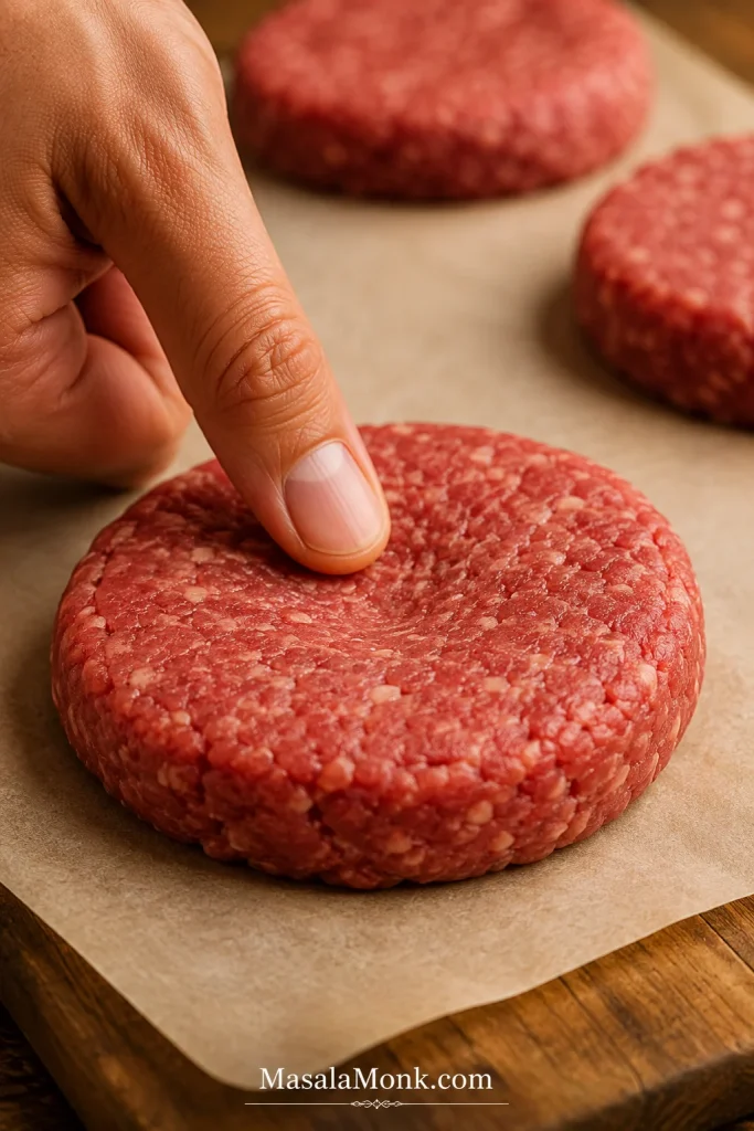 Fingertip gently pressing a shallow dimple into the center of a raw beef burger patty on parchment paper.