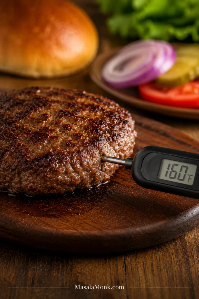 Cooked burger patty with an instant-read thermometer inserted from the side showing 160°F.