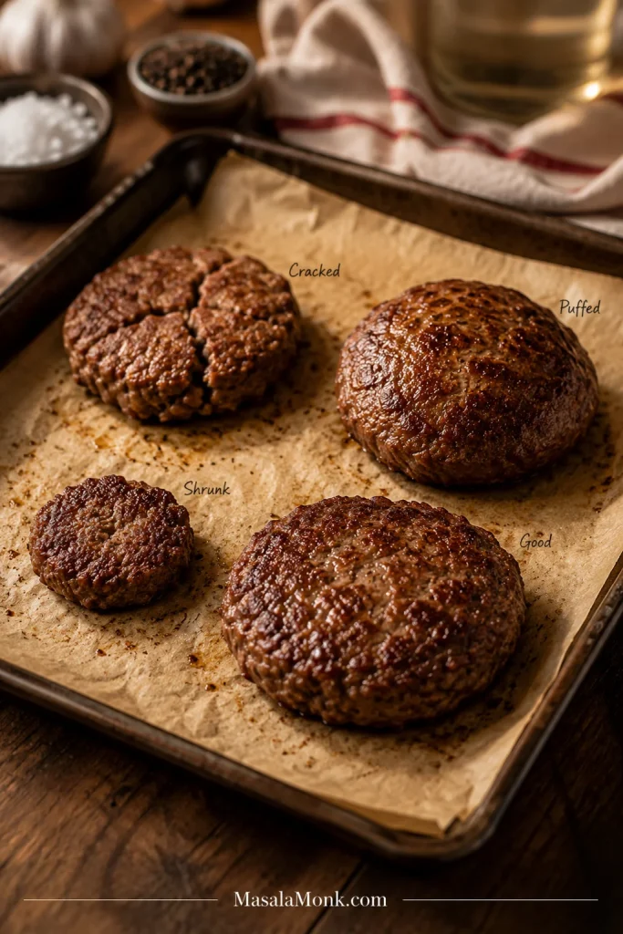Parchment-lined tray with four burger patties labeled cracked, puffed, shrunk, and good.