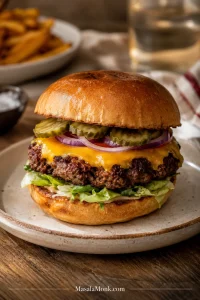 Cheeseburger on a toasted bun with melted cheese, lettuce, tomato, onion, pickles, and a browned beef patty that reaches the edge of the bun.
