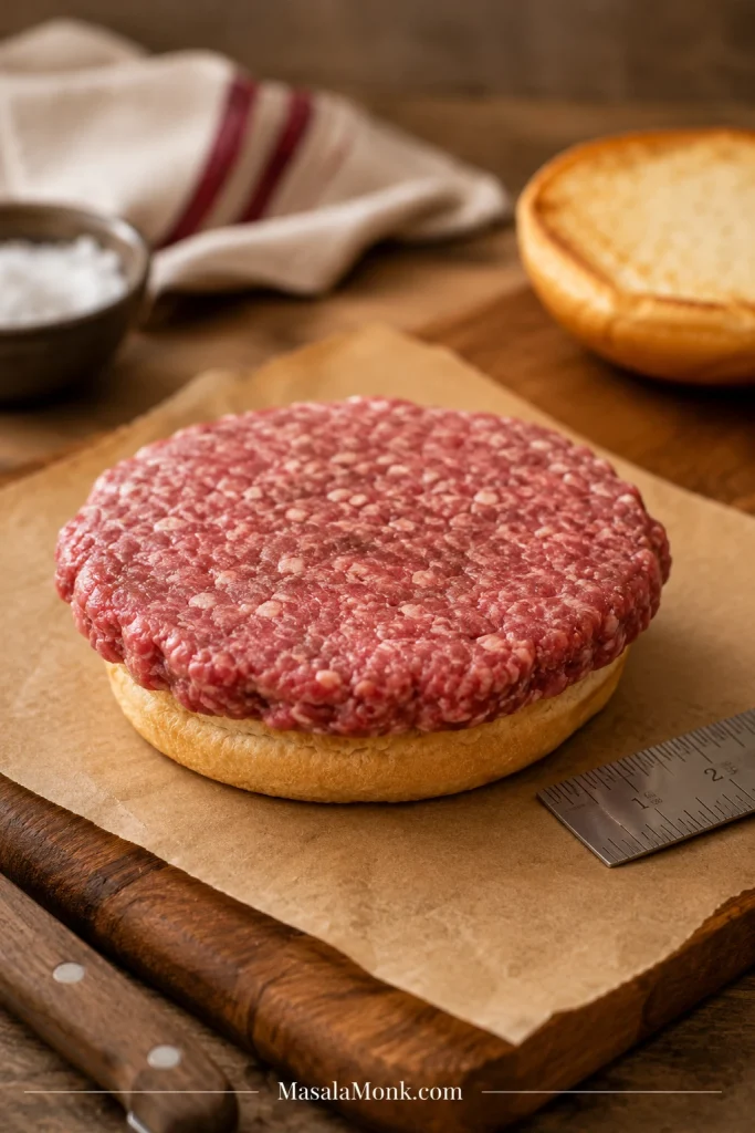 Raw burger patty shown wider than a burger bun on parchment paper with a ruler nearby.