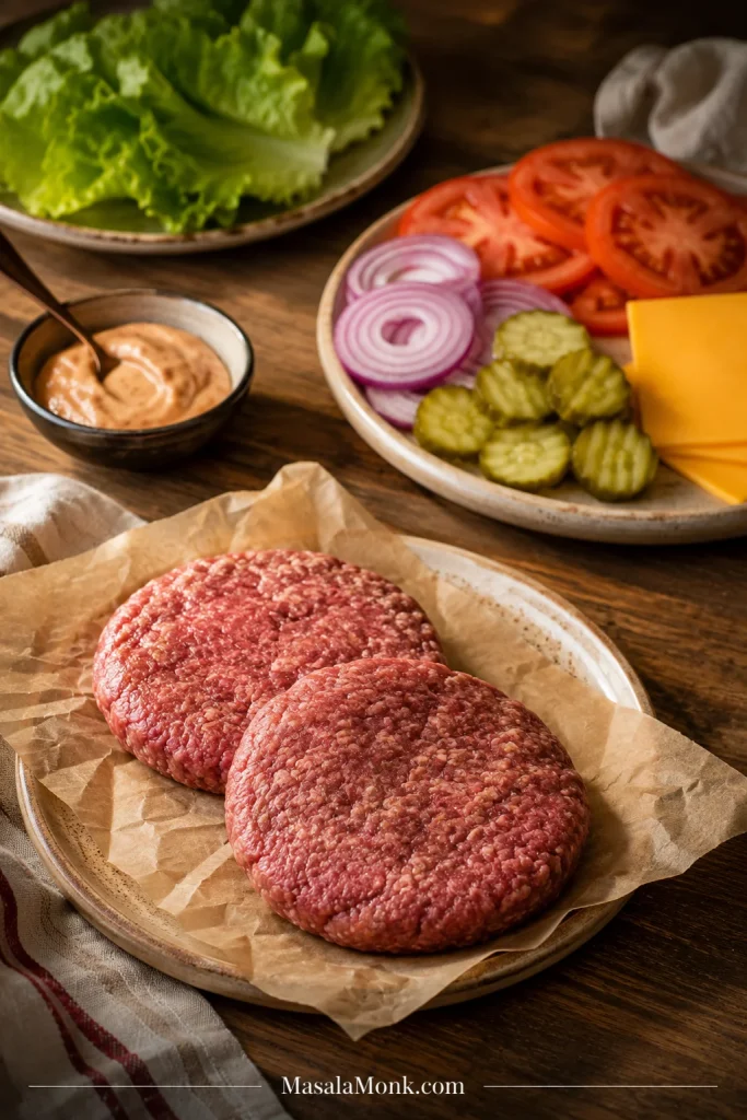 Raw burger patties on parchment paper with lettuce, tomato, onion, pickles, cheese slices, and sauce set aside.