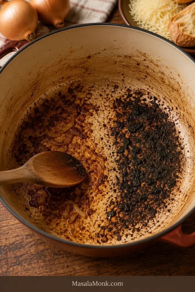 Brown fond and black scorched bits on the bottom of a pot during onion cooking.