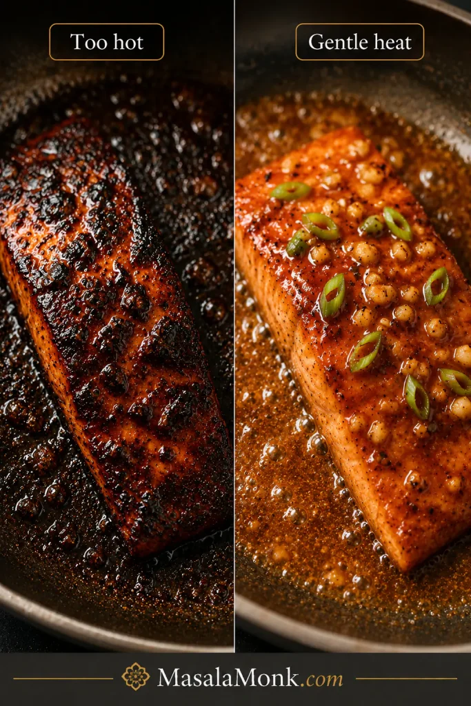 Side-by-side comparison showing dark burnt glaze labeled Too hot and glossy amber glaze labeled Gentle heat.