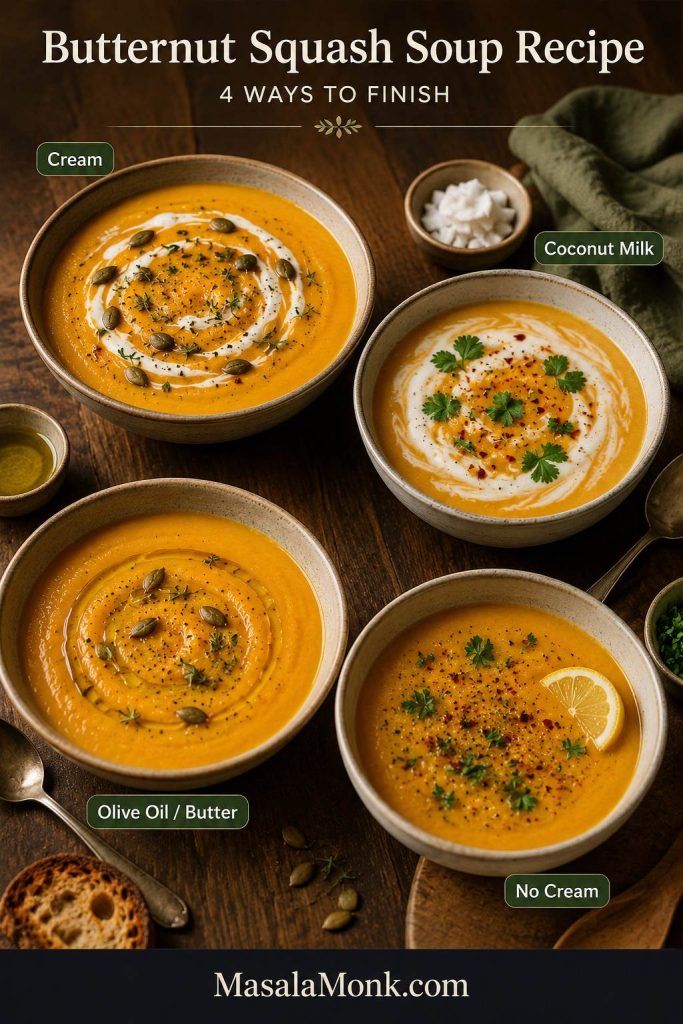 Four bowls of butternut squash soup showing cream, coconut milk, olive oil or butter, and no-cream finishing options.