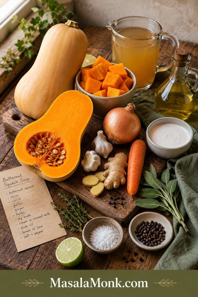 Ingredients for butternut squash soup arranged on a wooden board, including squash, onion, carrot, garlic, ginger, herbs, broth, cream, olive oil, lime, salt, and pepper.