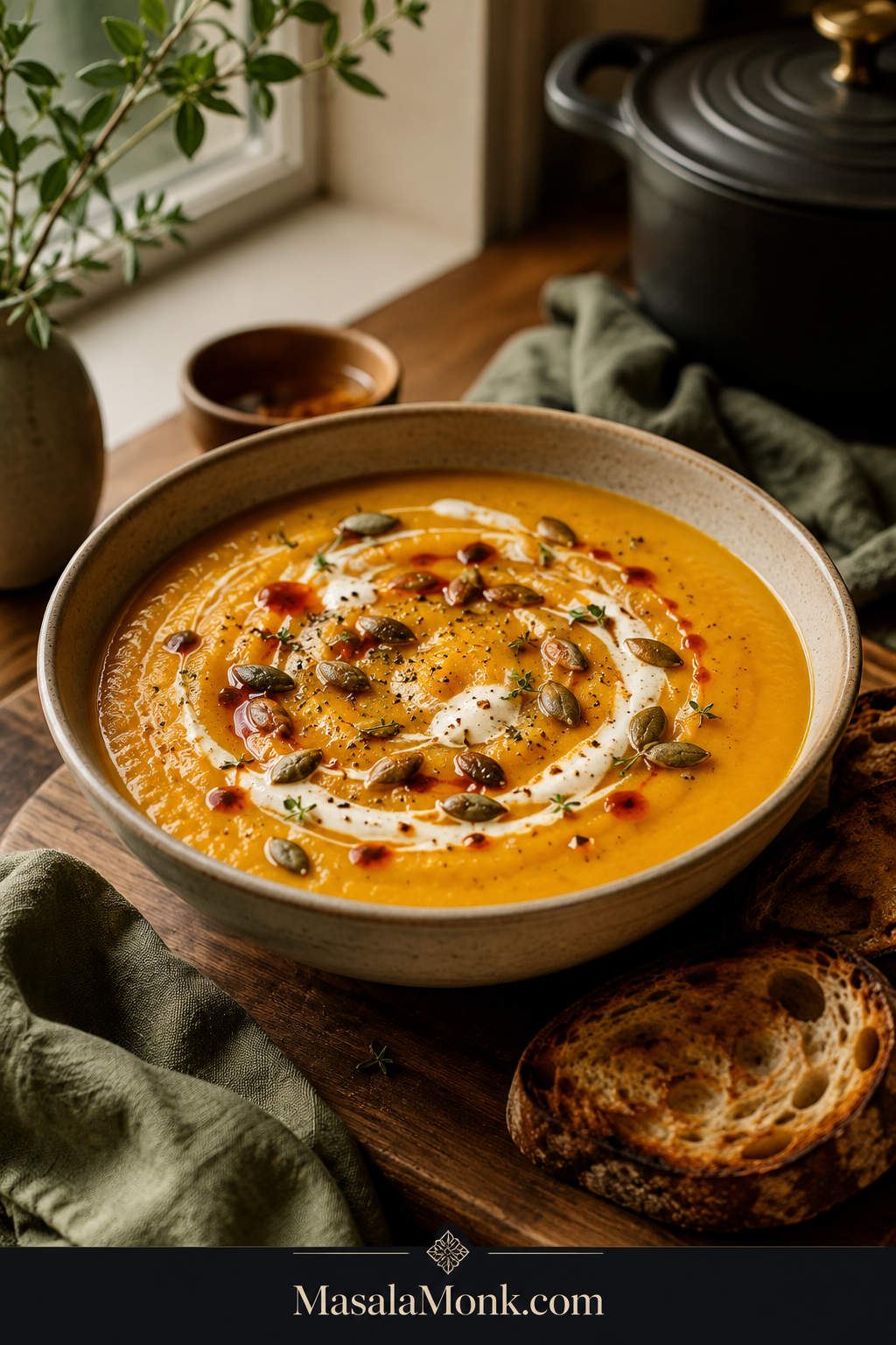 Creamy butternut squash soup in a matte ceramic bowl with pumpkin seeds, chili oil, herbs, black pepper, a cream swirl, and toast on the side.