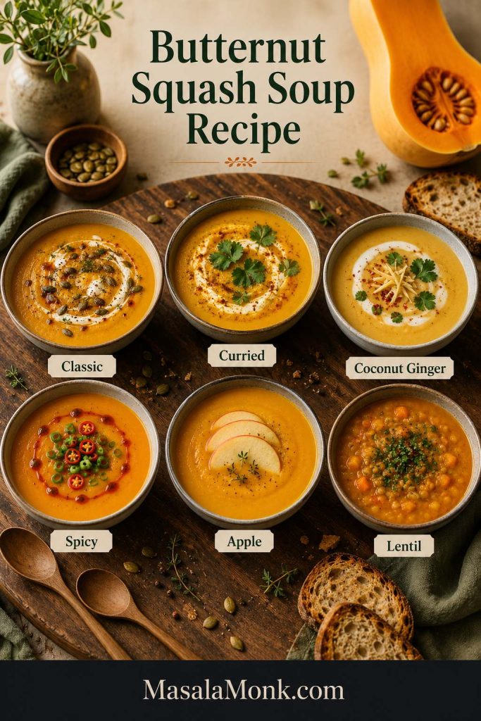 Six small bowls of butternut squash soup variations labeled classic, curried, coconut ginger, spicy, apple, and lentil.