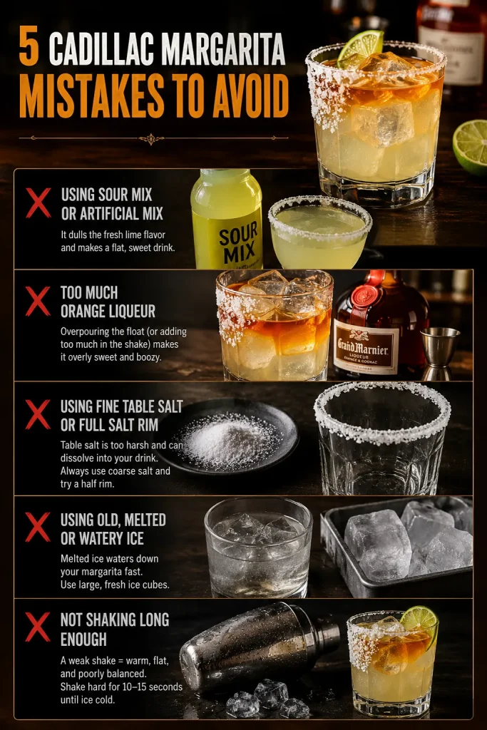 Cadillac Margarita mistakes guide showing sour mix, too much orange liqueur, fine salt, watery ice, and weak shaking as errors to avoid.