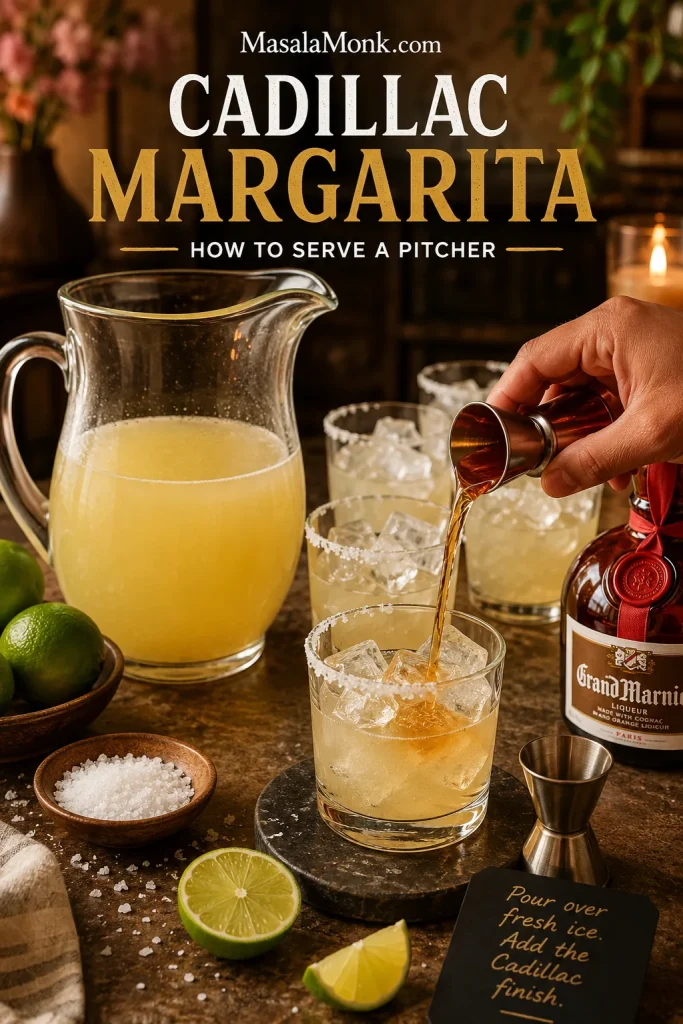 Cadillac Margarita pitcher without ice beside salt-rimmed glasses filled with fresh ice while amber liqueur is poured into one serving.