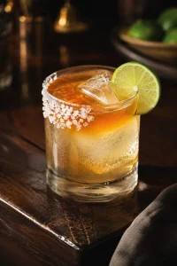 Cadillac Margarita in a rocks glass with clear ice, a half salt rim, lime garnish, and an amber Grand Marnier float on top.
