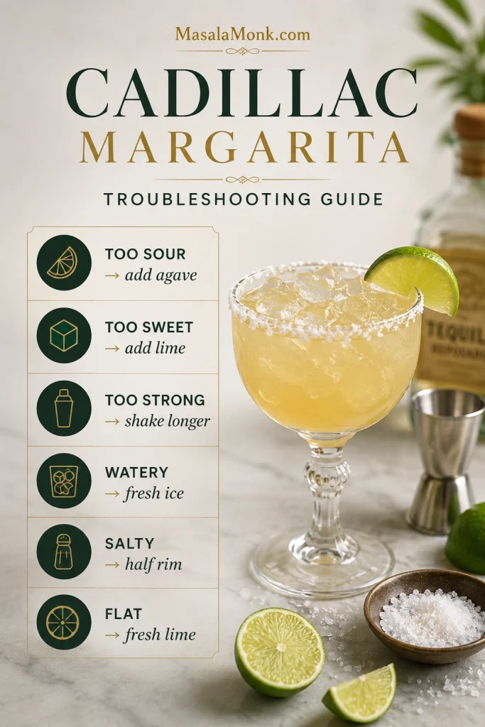 Cadillac Margarita troubleshooting guide beside a rocks glass cocktail, with fixes for too sour, too sweet, too strong, watery, salty, and flat drinks.
