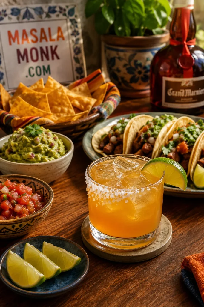 Cadillac Margarita in a salt-rimmed rocks glass served with tacos, tortilla chips, guacamole, salsa, lime wedges, and a Grand Marnier bottle.