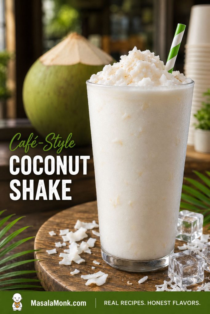 Café-style coconut shake in a tall chilled glass with icy texture, straw, froth, and tiny coconut bits.