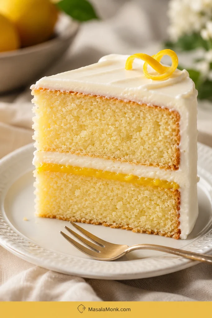A slice of layer cake with white frosting and a thin yellow lemon curd layer between the cake layers.