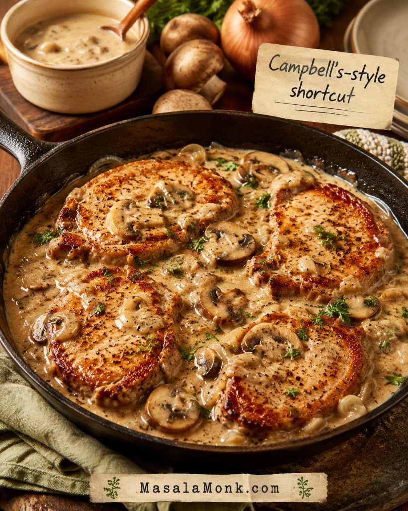 Campbell’s-style cream of mushroom pork chops in a skillet with browned pork chops, creamy mushroom gravy, mushrooms, parsley, and a generic soup bowl.