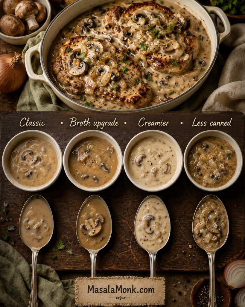 Four-way comparison of cream of mushroom gravy made classic, with broth upgrade, creamier milk version, and less-canned upgrade.