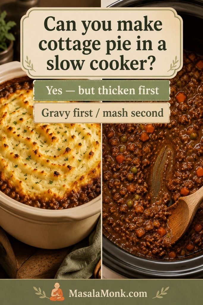 Split image showing finished slow cooker cottage pie beside a spoon trail through glossy beef filling before the mash is added.