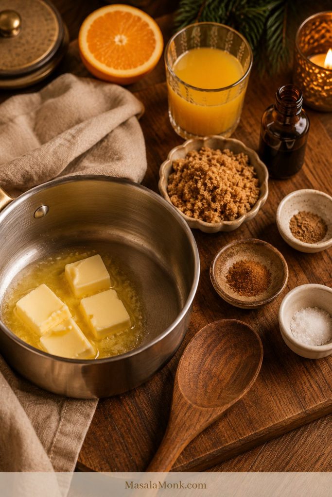 Butter, brown sugar, cinnamon, nutmeg, orange juice, vanilla, and salt arranged beside a small saucepan.
