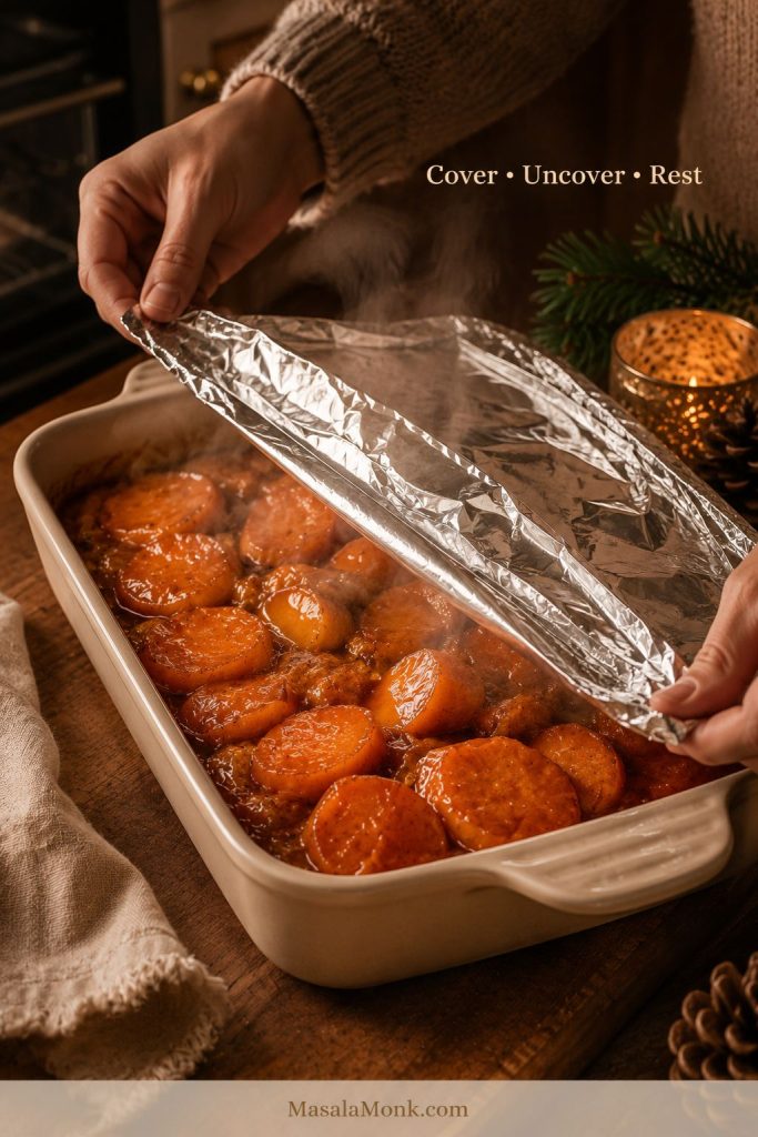 Hands peeling foil from a baking dish of candied yams with visible text reading Cover, Uncover, Rest.