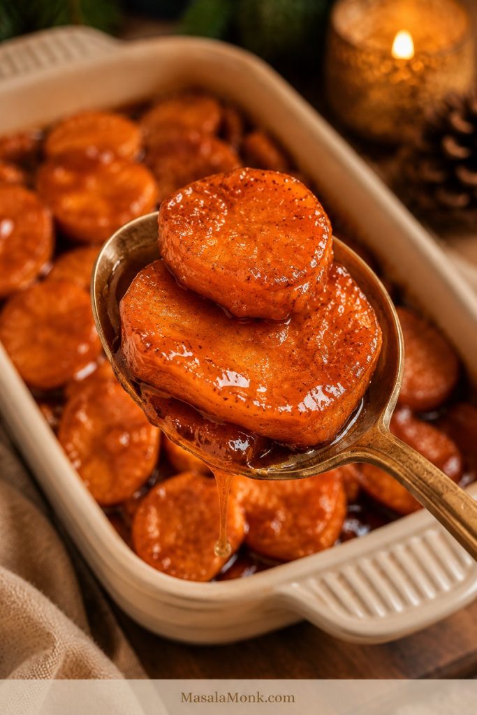 Spoon lifting soft orange candied yam slices from a cream baking dish with sauce coating the pieces.