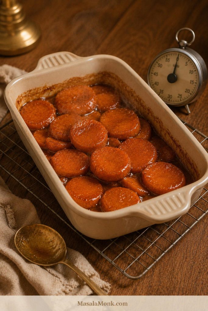 Candied yams resting on a wire cooling rack in a cream baking dish with a kitchen timer nearby.
