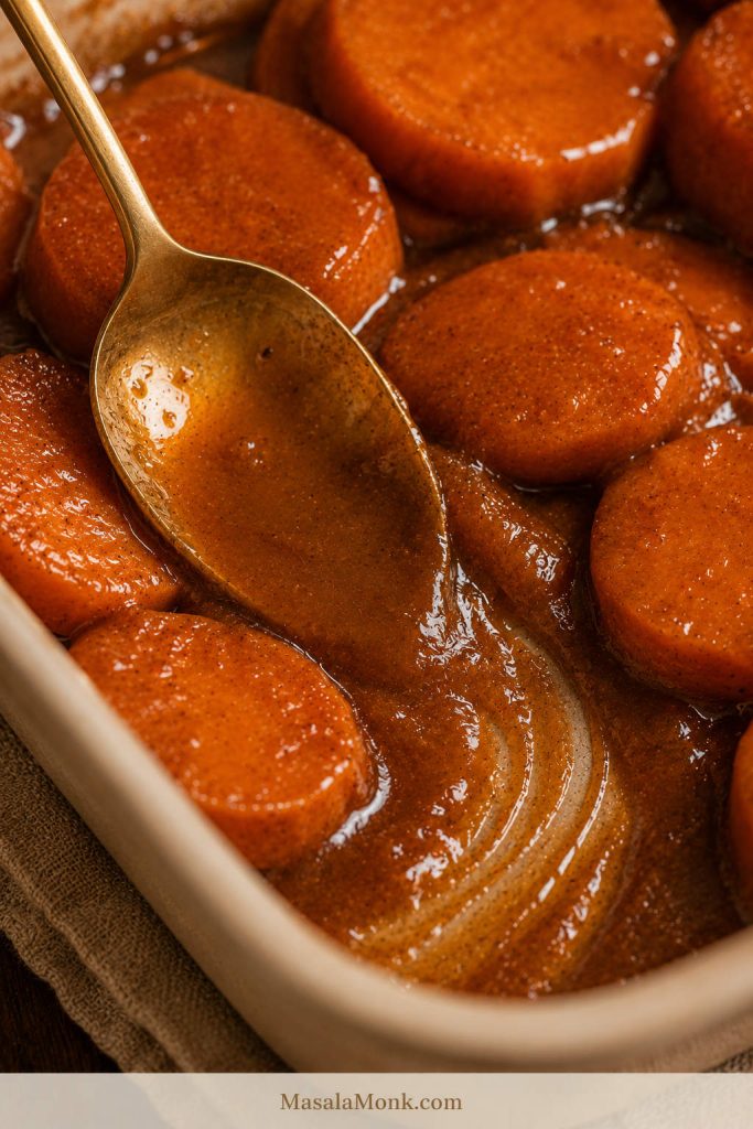 Spoon dragging through thick brown sugar sauce between candied yam slices in a baking dish.